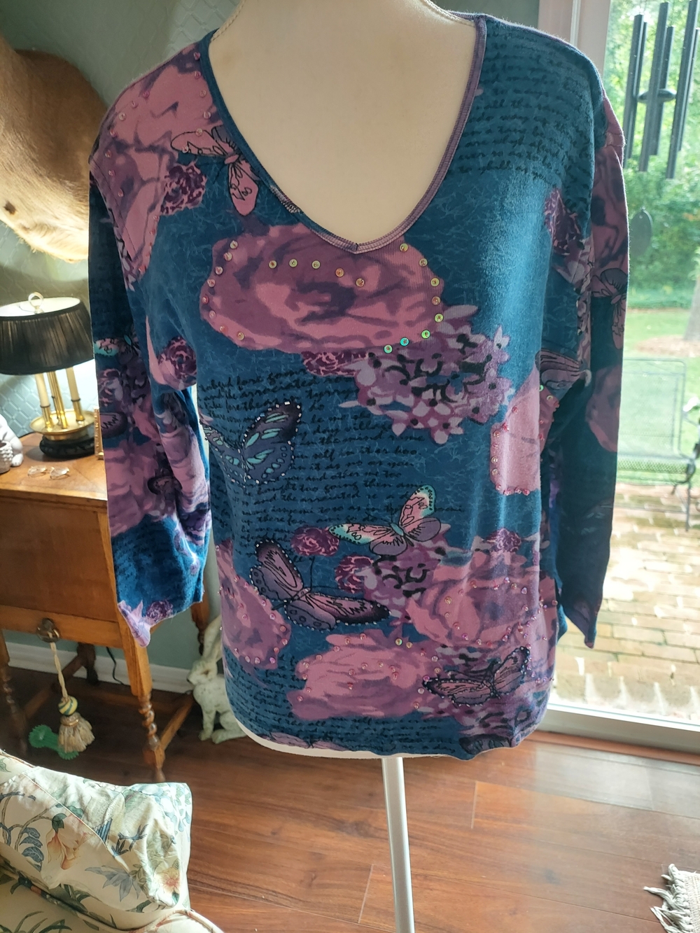 Jane Ashley Teal and Purple Floral Butterfly Long Sleeve Tee